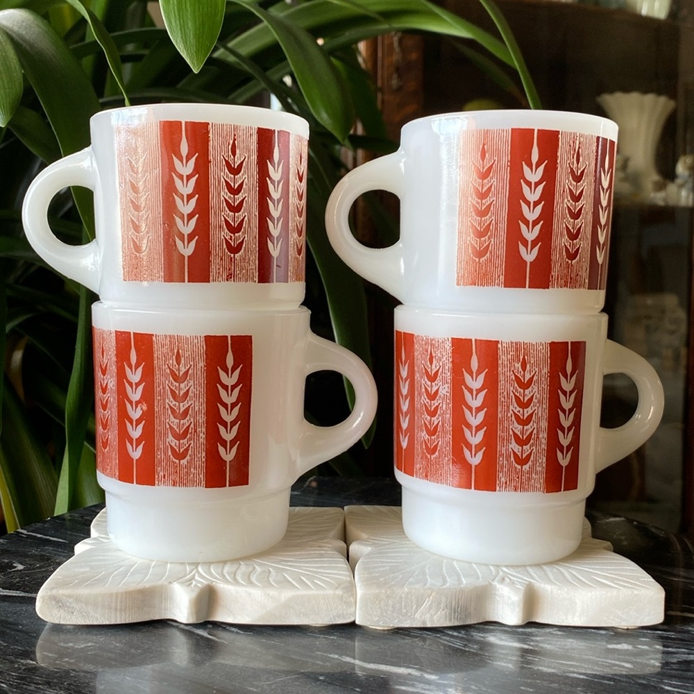 Set of 4 Fire King C Handle Wheat Stacking Milk Glass Mugs Vintage 1950’s-1960’s
